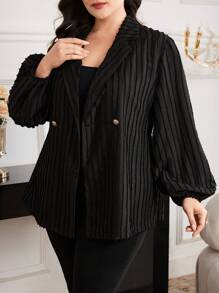 Modelyn Áo khoác blazer mỏng ve kẻ sọc thanh lịch tay đèn lồng cỡ lớn cho nữ mùa thu - màu đen - Xem 6
