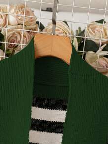 SHEIN LUNE 大码撞色条纹休闲开衫，秋冬 - 墨綠色 - 查看 3