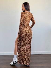 Flirla Luipaardprint vierkante hals lange mouw split zoom jurk, herfst/winter casual dagelijkse outfit