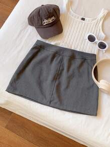 Comfortcana Summer Going Out Low Waist Solid Straight Grey Mini Skirt