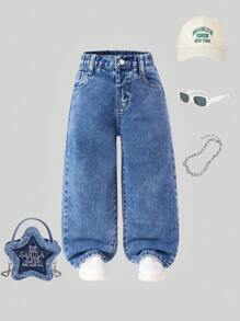 SHEIN 年轻女孩 Y2K 街头日常松紧腰直筒牛仔裤，配有扁平口袋，女孩日常 OOTD 服装 - 深色水洗藍 - 查看 5