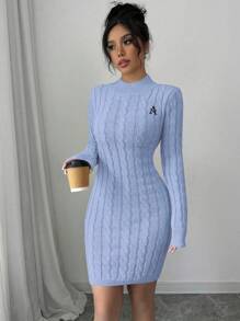 Elenzga Autumn/Winter Casual Letter Embroidery Fitted Sweater Dress