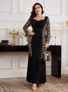 Modelyn Plus Size Elegant Leopard Print Patchwork Fishtail Bodycon Dress Fall - Multicolor - View 7