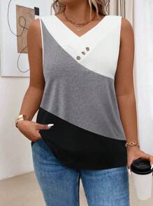SHEIN LUNE Plus Size Women Color Block V-Neck Button Sleeveless Casual Tank Top Graphic Tees Women Tops