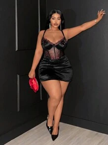 Maweii 大码女装春夏新年黑色蕾丝性感镂空系带前卫法式休闲年轻时尚弹力针织百搭舒适打底连衣裙，性感正式礼服，性感社交活动/假日装扮，黑色连体衣，正式礼服，年轻优雅性感拼接性感上衣，性感社交活动/假日装扮，黑色上衣，黑色连体裤，黑色连体衣，精致透明露肩修身纯色 - 黑色 - 查看 3