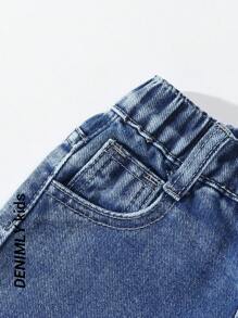 SHEIN 年轻女孩 Y2K 街头日常松紧腰直筒牛仔裤，配有扁平口袋，女孩日常 OOTD 服装 - 深色水洗藍 - 查看 4