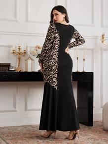 Modelyn Plus Size Elegant Leopard Print Patchwork Fishtail Bodycon Dress Fall - Multicolor - View 3