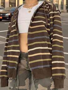 INAWLY 大码女式条纹落肩长袖拉链休闲连帽衫，秋冬季毕业季、返校季、毕业典礼、教师节女装、返校季套头衫
