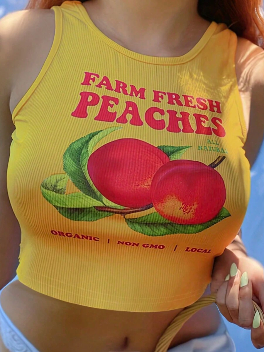 INAWLY Plus Size Summer Short Crop Tank Top With Peach And Letter Print - Yellow - View 1
