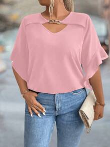 SHEIN Clasi 大码镂空领荷叶边袖纯色衬衫