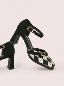CUCCOO DOLLMOD Tacones de plataforma elegantes y dulces con patrones geométricos, correas de contraste de colores, puntera redonda y tacón grueso alto para mujer, para citas, tarde de té - Blanco y Negro - Ver 3