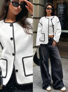 Forever 21 Áo khoác ngoài màu trắng viền đen thời trang thu đông Y2k tay dài dự tiệc năm mới/Đêm giao thừa/Trang phục dạo phố cho nữ - Đen và trắng - Xem 1