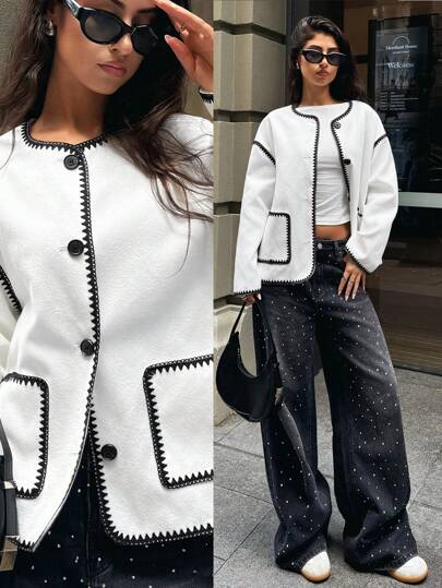 Forever 21 Fall & Winter Women Y2k Long Sleeve New Years Party Patch Pockets/New Years Eve/Street Wear Women/White Overcoat With Black Trimming