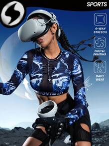 Innovista 抽象数码印花和透气机械剪裁拼接网眼长袖运动衫 T 恤、塑身衣、氨纶弹力、健身和锻炼、节日、秋冬、外出、日常休闲和健身 - 藍色 - 查看 8