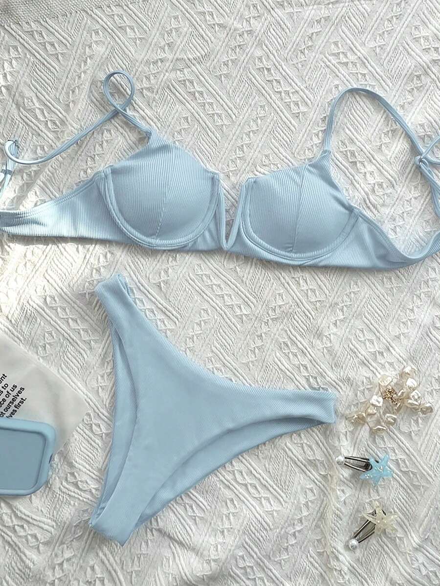 SHEIN Swim Summer Beach Special Fabric Bikini Set Featuring Underwire And Separated Design - Baby Blue - View 1