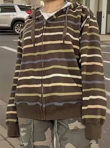 INAWLY 大码女式条纹落肩长袖拉链休闲连帽衫，秋冬季毕业季、返校季、毕业典礼、教师节女装、返校季套头衫