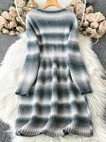 SHEIN LUNE 大码女式扎染 V 领长袖休闲毛衣连衣裙，适合秋冬季 - 彩色 - 查看 2