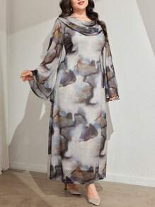 Modelyn Plus Size Women Tie-Dye Print Ruched Flare Sleeve Elegant Dress - Multicolor - View 3