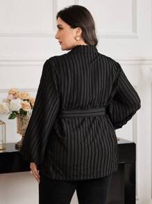 Modelyn Áo khoác blazer mỏng ve kẻ sọc thanh lịch tay đèn lồng cỡ lớn cho nữ mùa thu - màu đen - Xem 2