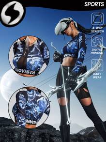 Innovista 抽象数码印花和透气机械剪裁拼接网眼长袖运动衫 T 恤、塑身衣、氨纶弹力、健身和锻炼、节日、秋冬、外出、日常休闲和健身 - 藍色 - 查看 4