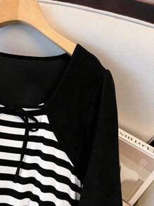 SHEIN LUNE Plus Size Casual Striped Patchwork Long Sleeve Dress Maxi Women Outfit