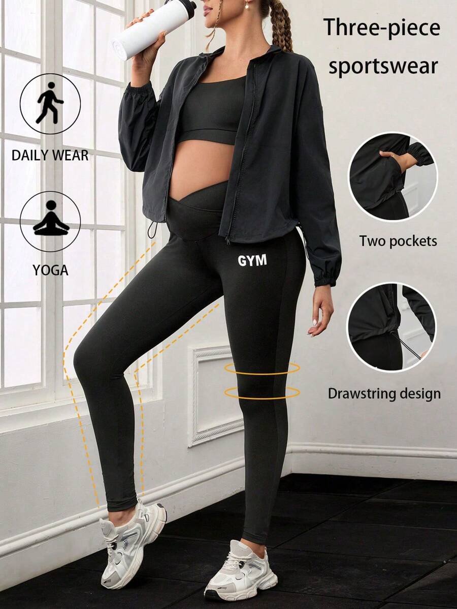 SHEIN Gravid sportig triangel 2st set, screentryck designjacka med justerbar dragkedja - Svart - Visa 1