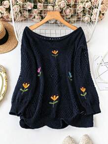 SHEIN LUNE Women Plus Size Floral Pattern Casual Everyday Pullover Sweater Knit Pullover Fall Winter Sweater - Navy Blue - View 1