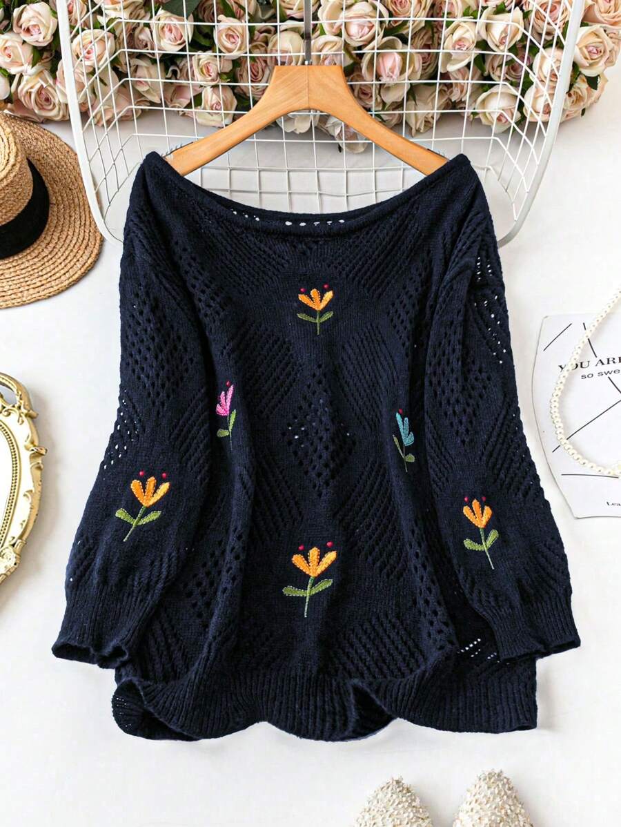 SHEIN LUNE Women Plus Size Floral Pattern Casual Everyday Pullover Sweater Knit Pullover Fall Winter Sweater - Navy Blue - View 1