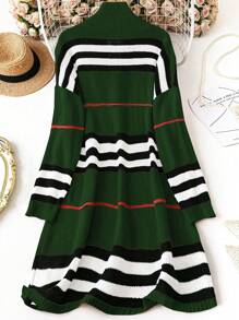 SHEIN LUNE 大码撞色条纹休闲开衫，秋冬 - 墨綠色 - 查看 2