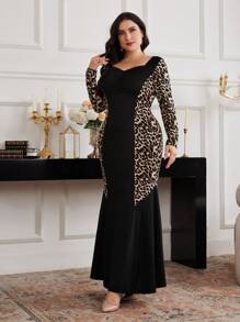 Modelyn Plus Size Elegant Leopard Print Patchwork Fishtail Bodycon Dress Fall - Multicolor - View 6