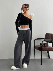 SHEIN EZwear 女款新款罗纹腰拼接条纹长裤 - 黑色 - 查看 4