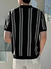 DAZY Áo thun Polo tay ngắn kẻ sọc đen trắng dành cho nam, áo len mùa hè - màu đen - Xem 2