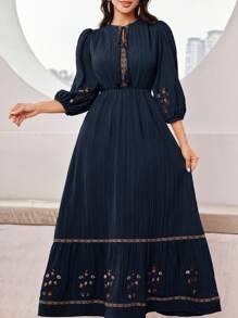 Seusyu 女士优雅刺绣灯笼袖长裙 - 藏蓝色 - 查看 3
