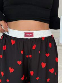 POPSWAY Plus Size Dames Losse Casual Wijde Broek Met Letterprint & Hartontwerp, Valentijn