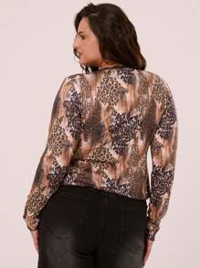 MUSERA Plus Size Mix Animal Print Lace Trim Tie Front Sexy Going Out Top For Date Night, Going Out, Club, Sexy, Holiday, Break, Cheetah Print Spring Summer - Multicolor - View 3