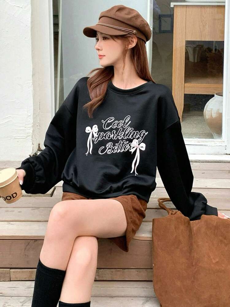 Letter & Bow Graphic Loose Fitting Long Sleeve Round Neck Sweatshirt For Women,Fall Clothes
