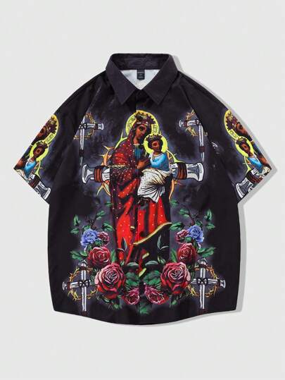 Goth Herren lässiges, locker geschnittenes Hemd mit Grafikdruck einer Jungfrau Maria und Kreuz