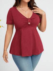 SHEIN Clasi Plus Size Women V-Neck Short Sleeve Pleated Casual T-Shirt, Solid Color - Red - View 5