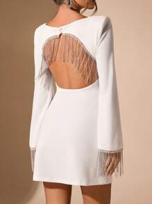 SHEIN BAE Autumn Long Sleeve Rhinestone Tassel Backless Flare Sleeve Mini Dress, Date Night Party Club Outfit,Valentine's Day,Valentine Outfits For Women,Valentine's Day,Valentine Outfits For Women - White - View 5