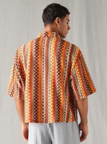 SWAVVY Men's Knitted Casual Loose Short Sleeve Jacquard Pattern Shirt, Everyday Wear, Young Style - Multicolor - View 2