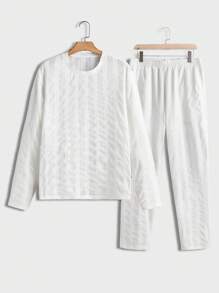Manfinity VCAY Men 2 Pieces Christmas Set, Relaxed Fit Knit Long Sleeve T-Shirt And Elastic Waist Straight Leg Pants Outfit