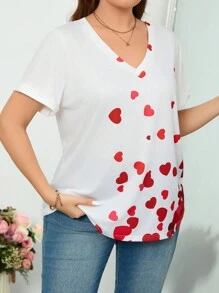 SHEIN Clasi Plus Size Valentine's Heart Print Short Sleeve T-Shirt
