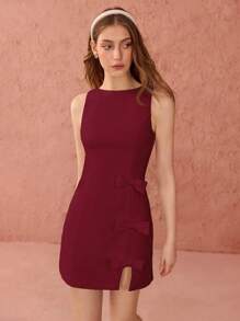 Enchnt Winter/Spring Romantic Women's Claret Red Cute Bow Decor Sleeveless Mini Dress, Sweet&Elegant For Christmas Party&New Years&Birthday&Holiday Outfit &Valentine's Day&Sweet Date Night&Daily Commuting, Dress