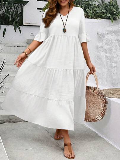 Rosumi Vestido largo amarillo de manga con volantes y escote profundo en V con bajo en múltiples capas para mujer talla grande para el verano