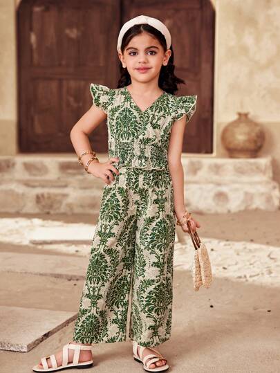 SHEIN Leap Crew Young Girl Casual Matching Mother-Daughter Print Top And Trousers Suit,Suitable ForSpring And Summer, Perfect For Vacations