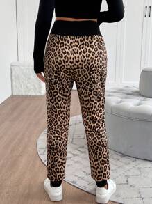 SHEIN LUNE 女士纯色拼布前系带口袋休闲长裤，日常穿着 - 黑色 - 查看 2