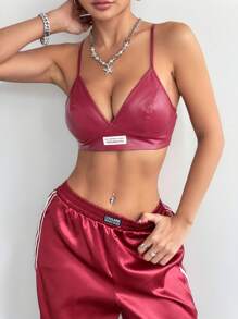 Coolane Women's Patch Pu Leather Camisole With Spaghetti Straps And V-Neck