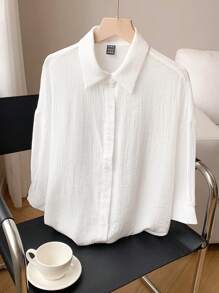 Comfortcana Spring And Summer Shirts White Casual Solid Drop Shoulder Button Front Beach Shirt