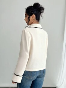 SHEIN Privé 女士秋季系带领长袖优雅拼色常规夹克 - 黑與白 - 查看 2