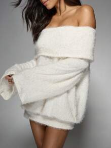 MISSGUIDED 超大露肩毛绒针织迷你毛衣裙冬秋温暖舒适家居服长袖宽松露肩领口晚会